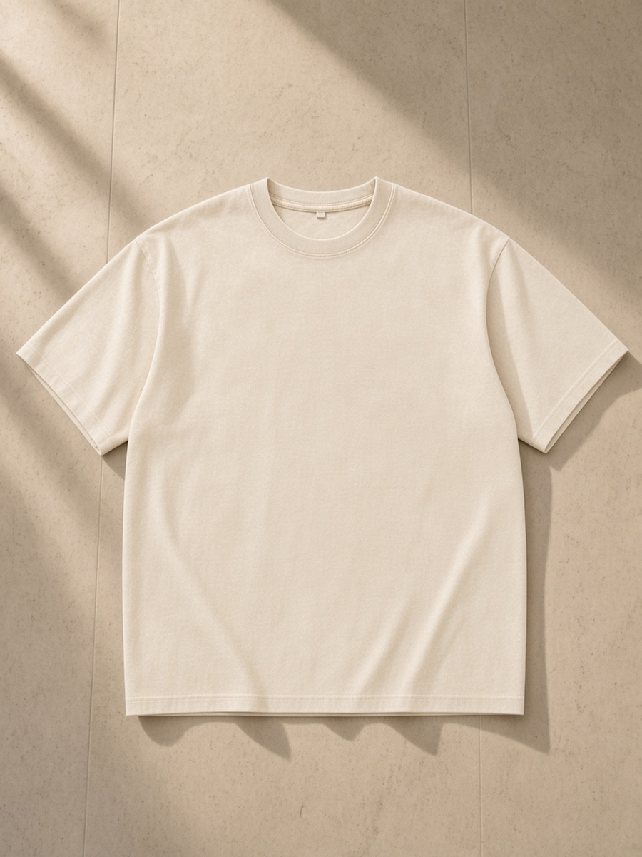 Snow Washed Oversized Cotton T-Shirt in Apricot, laid flat on pale limestone, front.