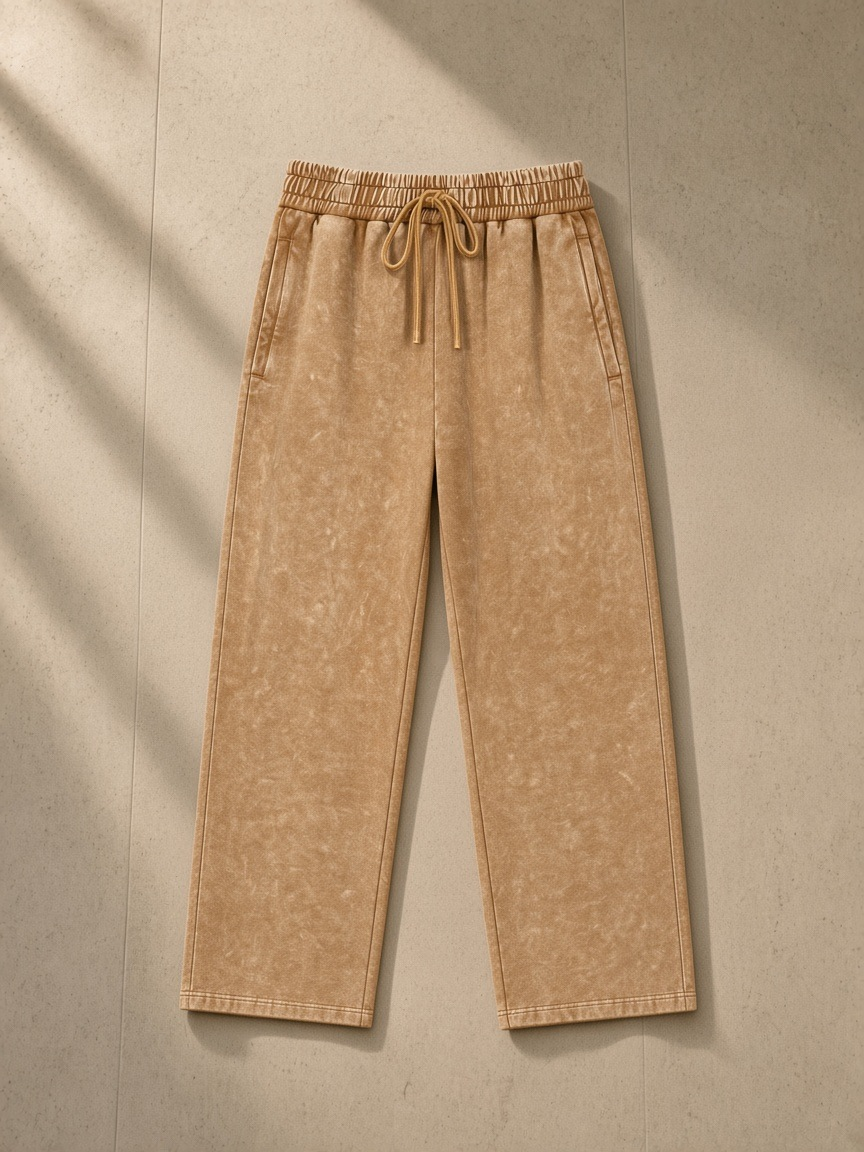 Unisex snow wash heavyweight sweatpants in Brown, laid flat on pale limestone