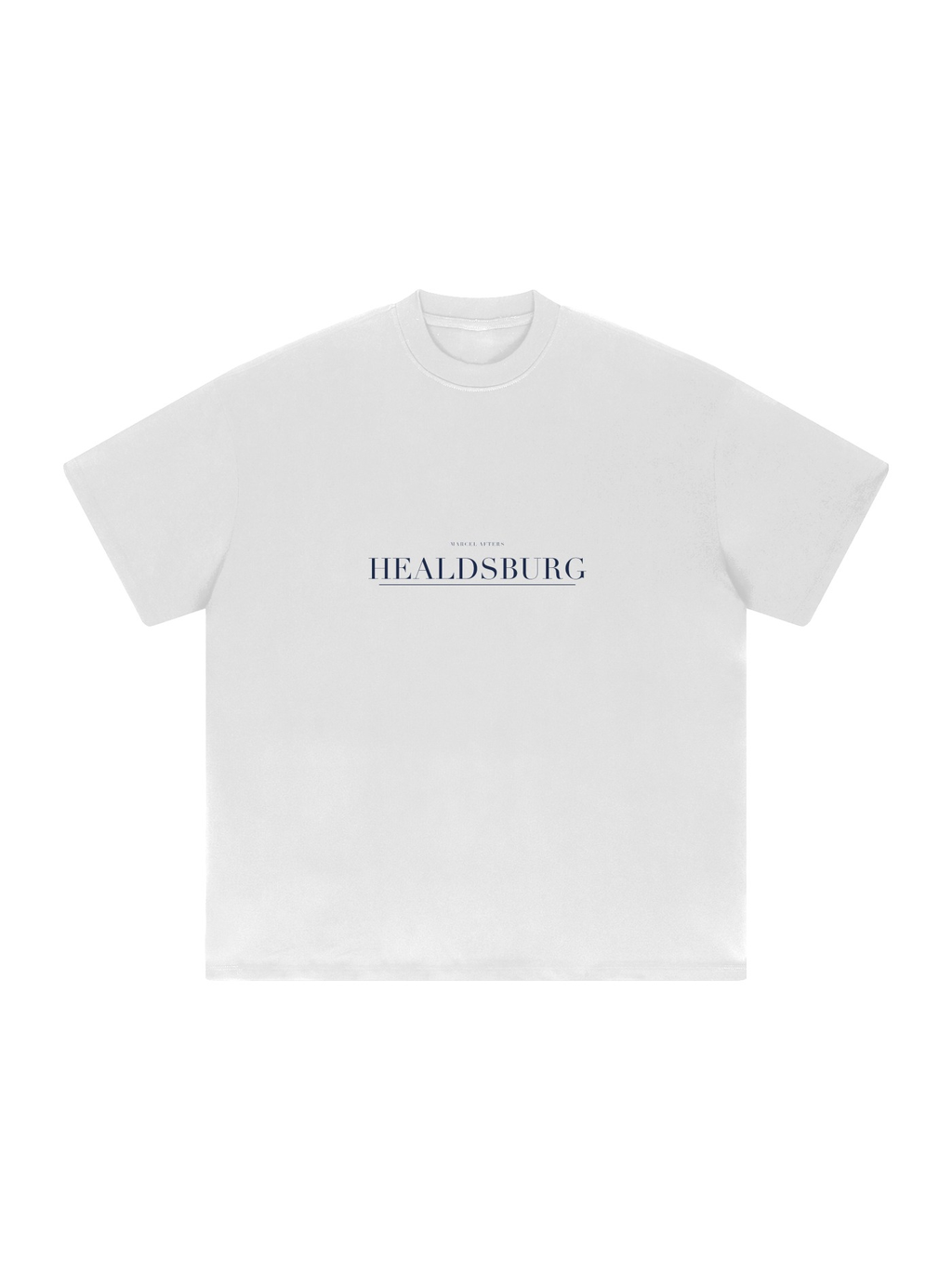 Healdsburg Heavyweight Drop Shoulder T-Shirt by Marcel Afters in White, front view with the printed artwork, on white