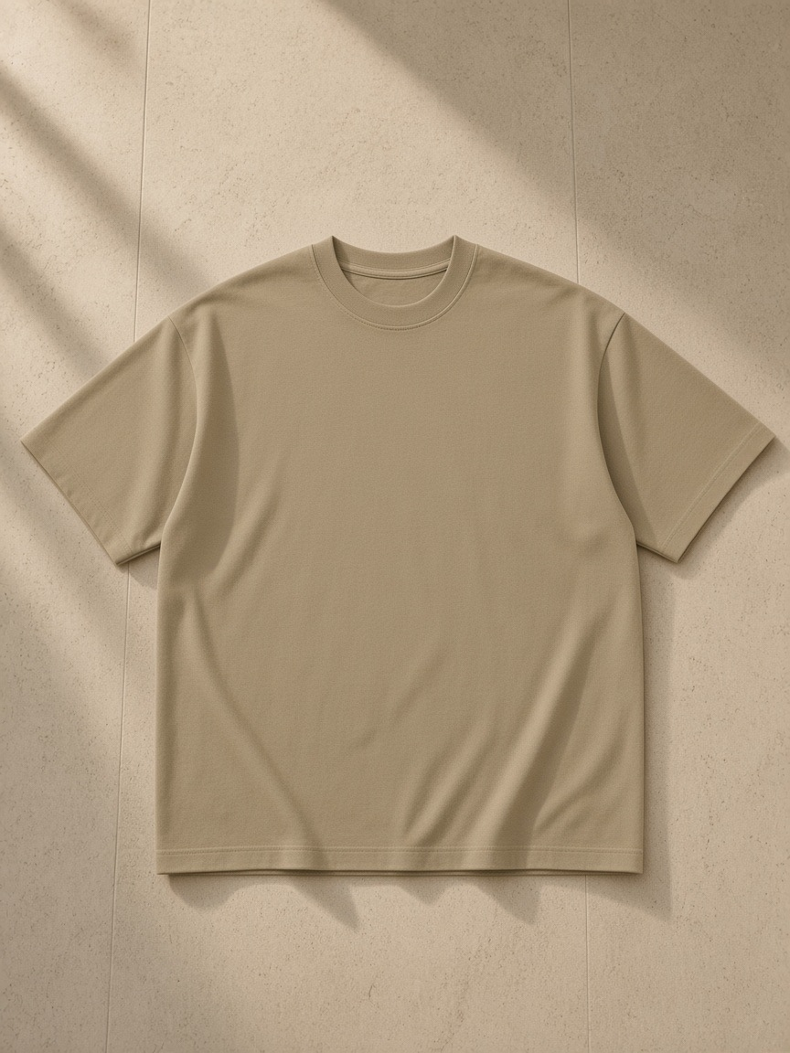 Heavyweight Hand-frayed T-Shirt in Camel, laid flat on pale limestone