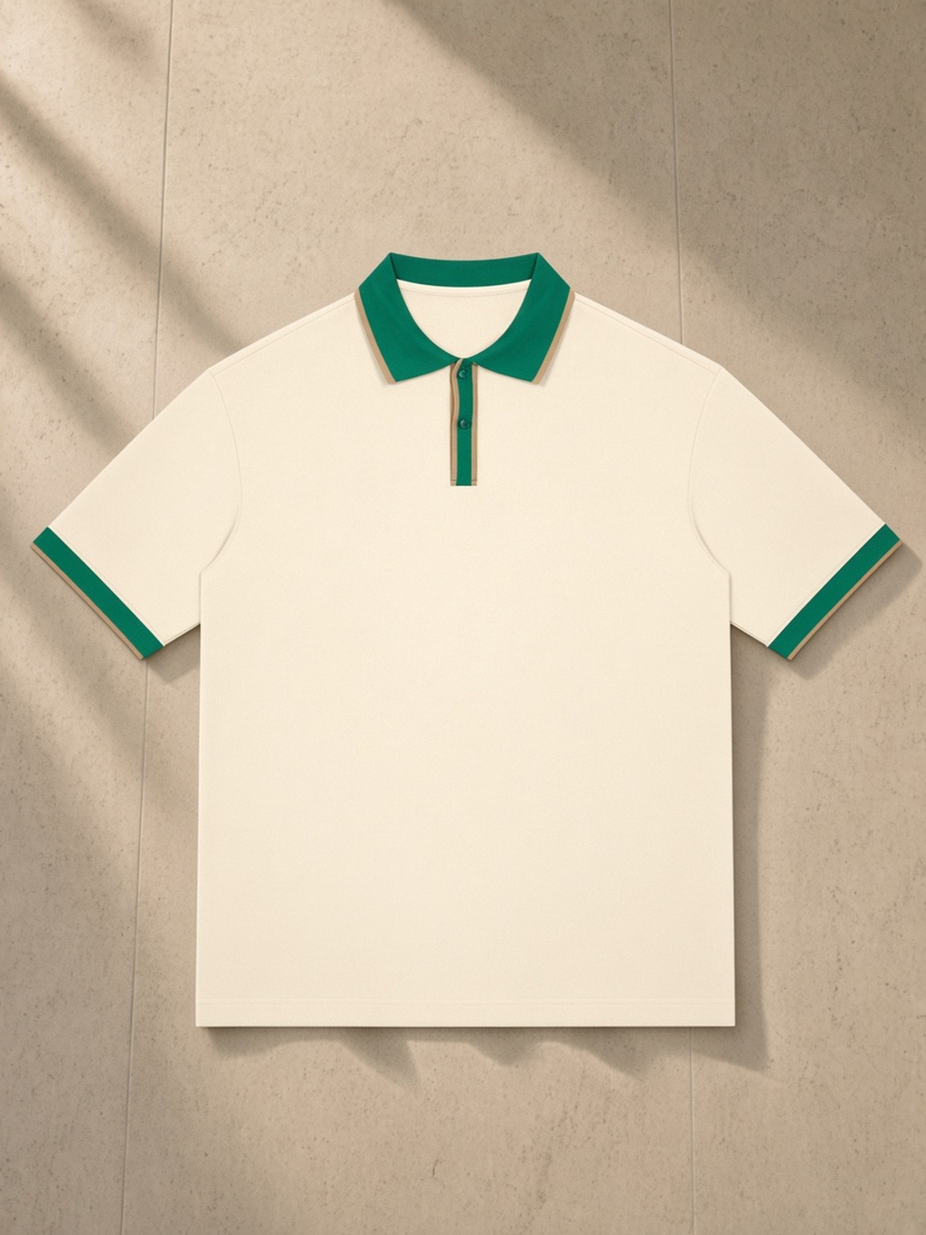 Color Block Polo Shirt in Apricot with Green, laid flat on pale limestone, front.