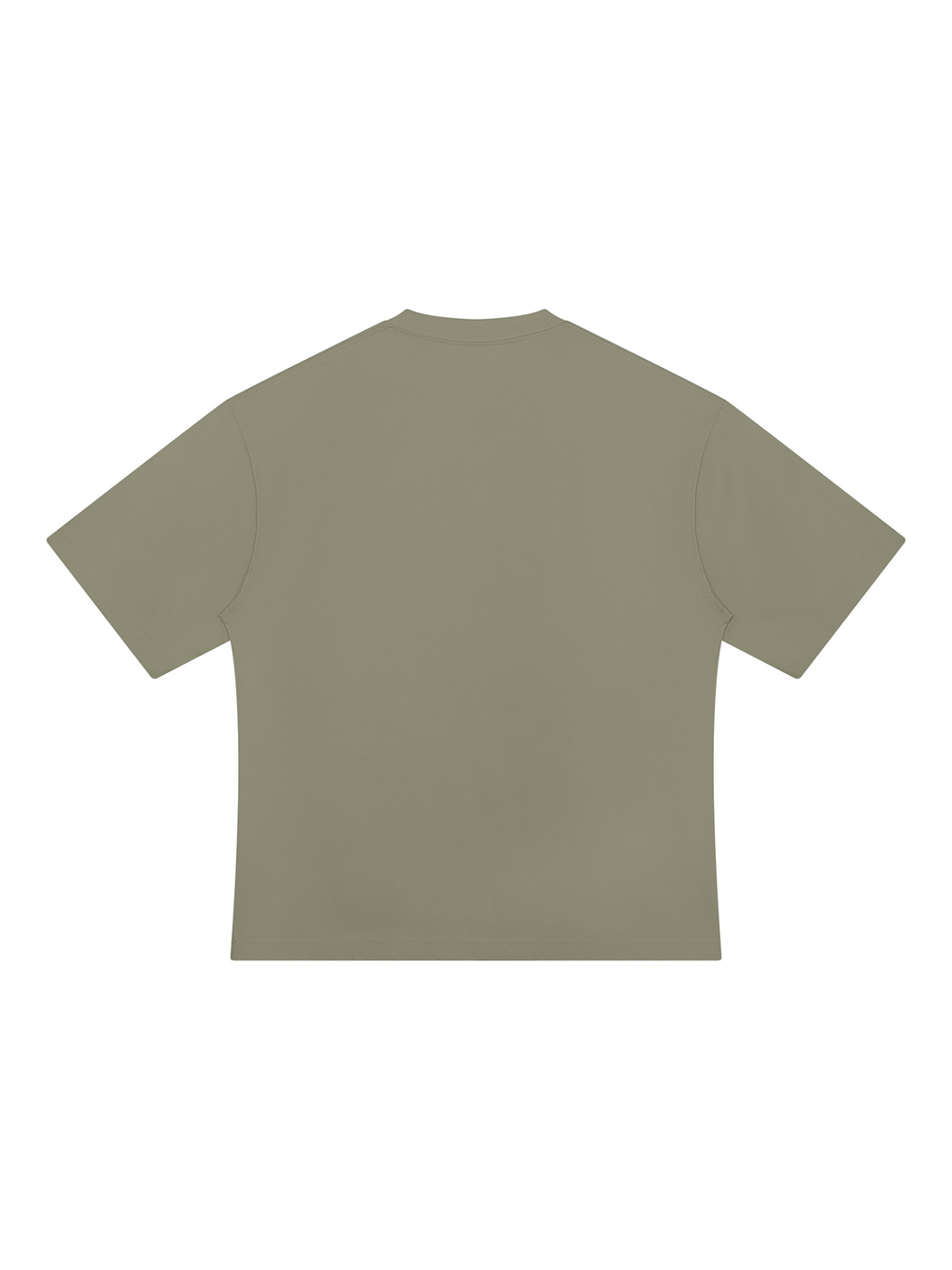 Unisex heavyweight oversized t-shirt in Gray Green, back view on white. Marcel Afters