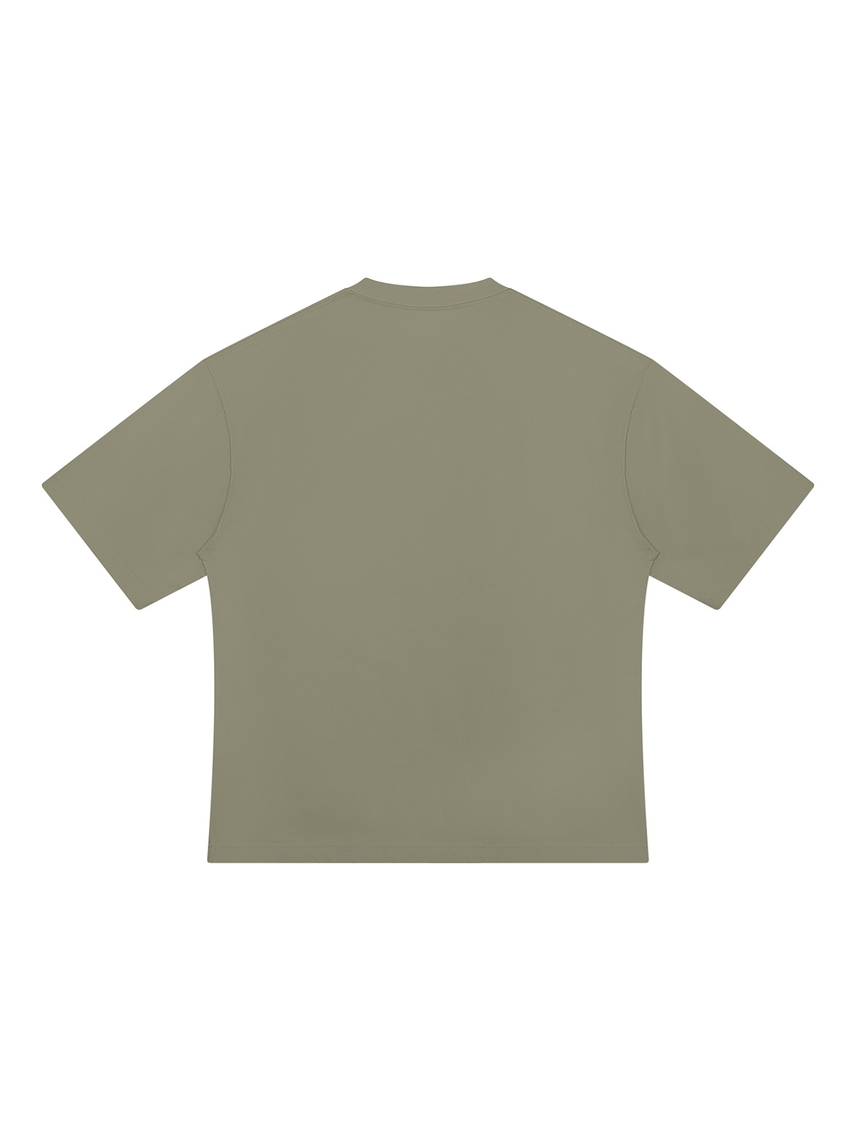 Unisex heavyweight oversized t-shirt in Gray Green, back view on white. Marcel Afters