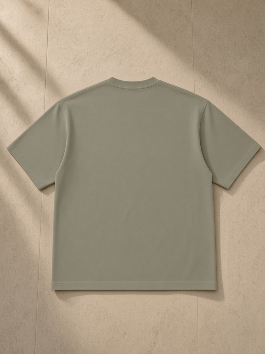 Heavyweight Oversized T-Shirt in Gray Green, laid flat on pale limestone, back.