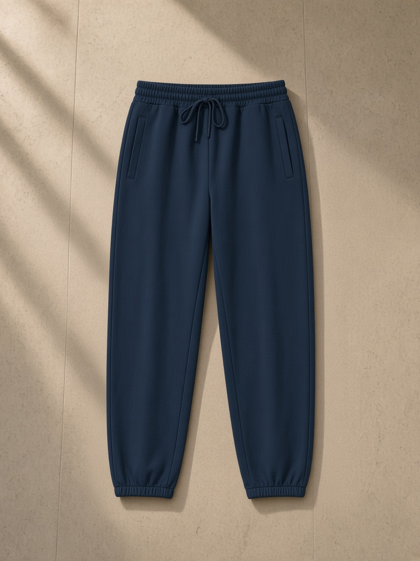 Women's Loose Fit Tapered Joggers in Navy Blue, laid flat on pale limestone