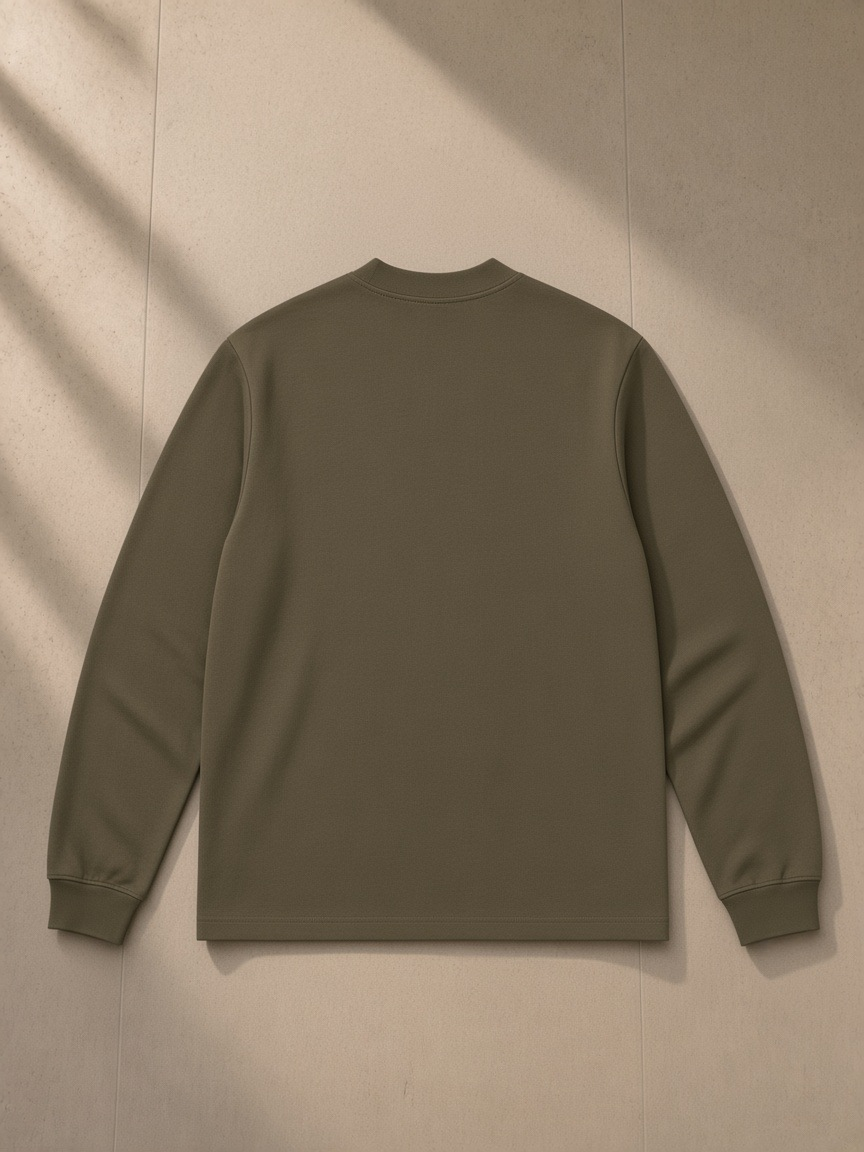 Mock Neck Sweatshirt in Gray Green, laid flat on pale limestone, back view