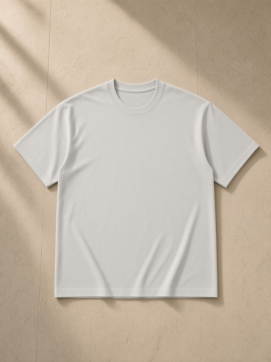 Regular Fit Crewneck T-Shirt in Light Gray, laid flat on pale limestone