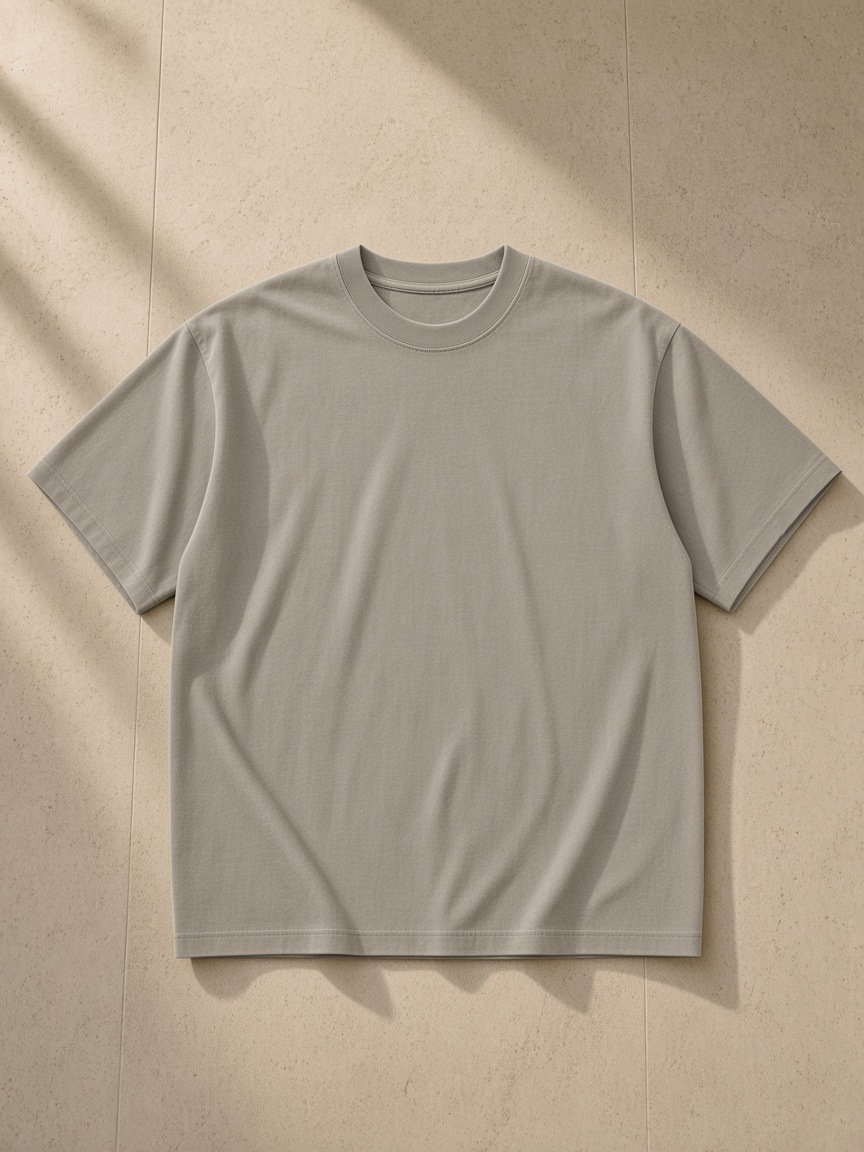 Enzyme Washed T-Shirt in Khaki, laid flat on pale limestone