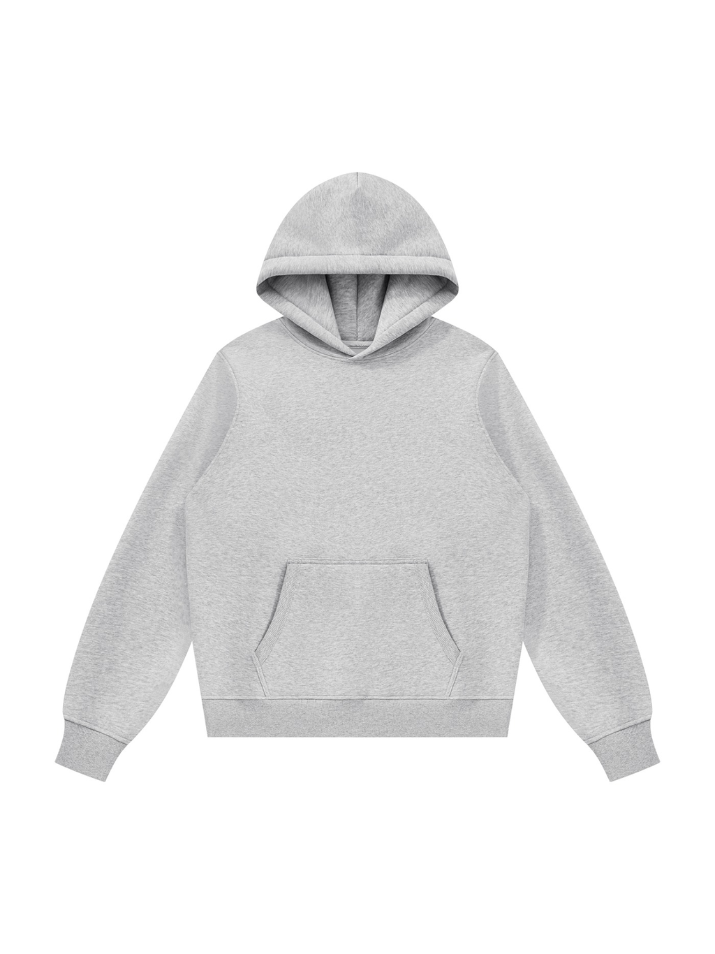 Unisex fleece regular shoulder hoodie in Flower Gray, front view on white. Marcel Afters