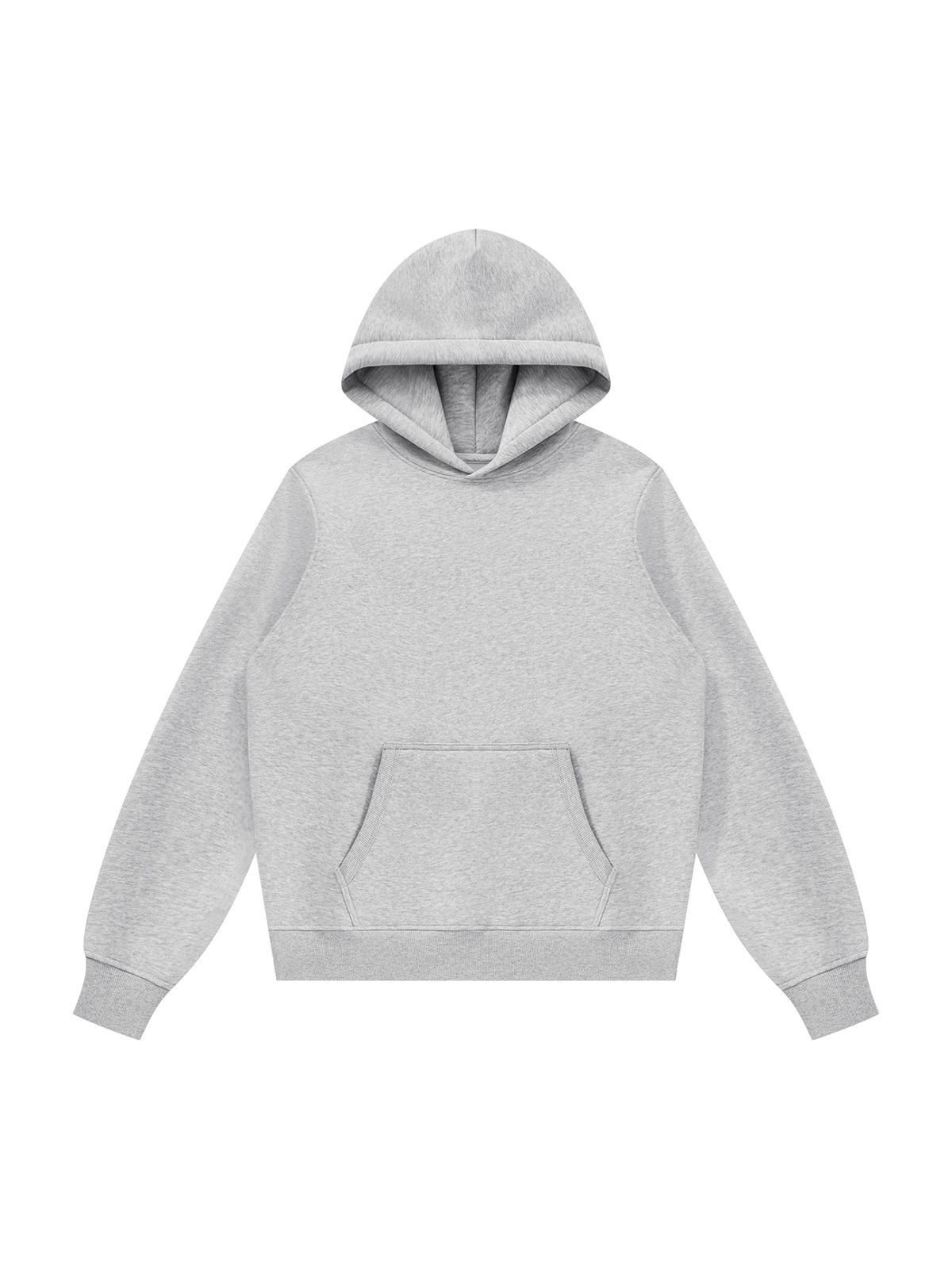 Unisex fleece regular shoulder hoodie in Flower Gray, front view on white. Marcel Afters