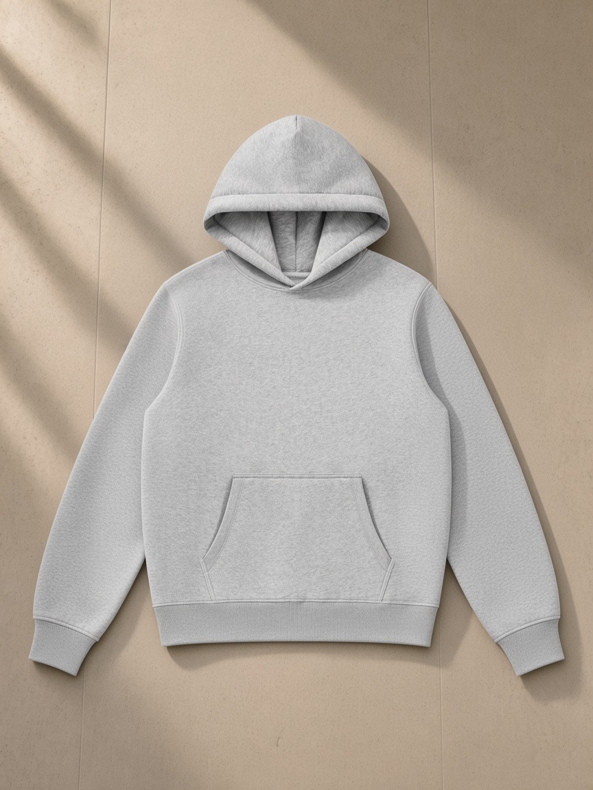 Unisex fleece regular shoulder hoodie in Flower Gray, laid flat on pale limestone