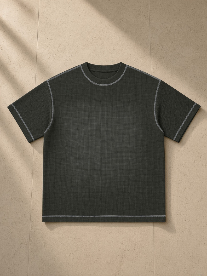 Unisex sunfade waffle boxy t-shirt in Gray Green, laid flat on pale limestone