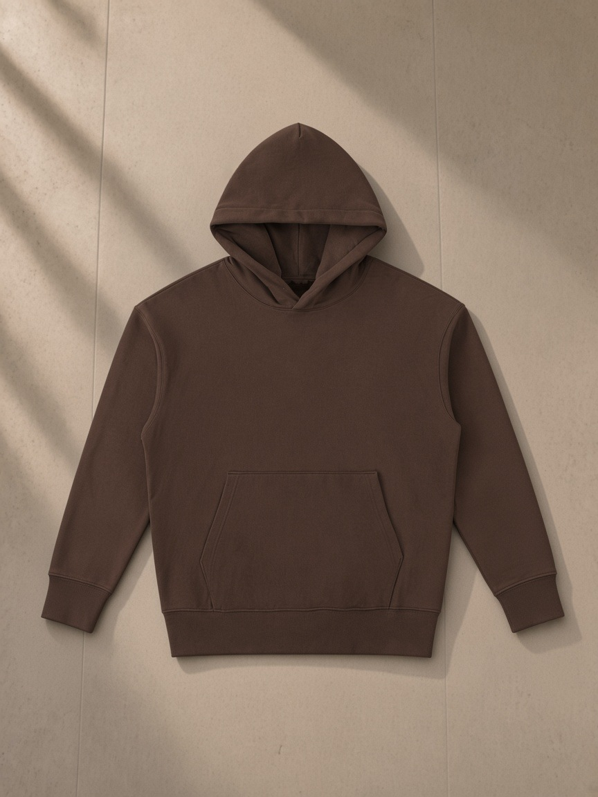 Essential Heavyweight Cotton Hoodie in Coffee, laid flat on pale limestone, front.