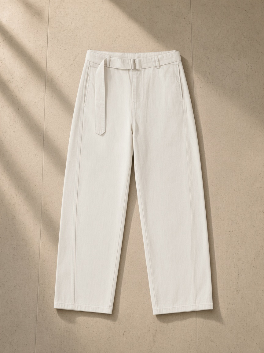 Women's belted barrel-leg chino pants in Beige, laid flat on pale limestone