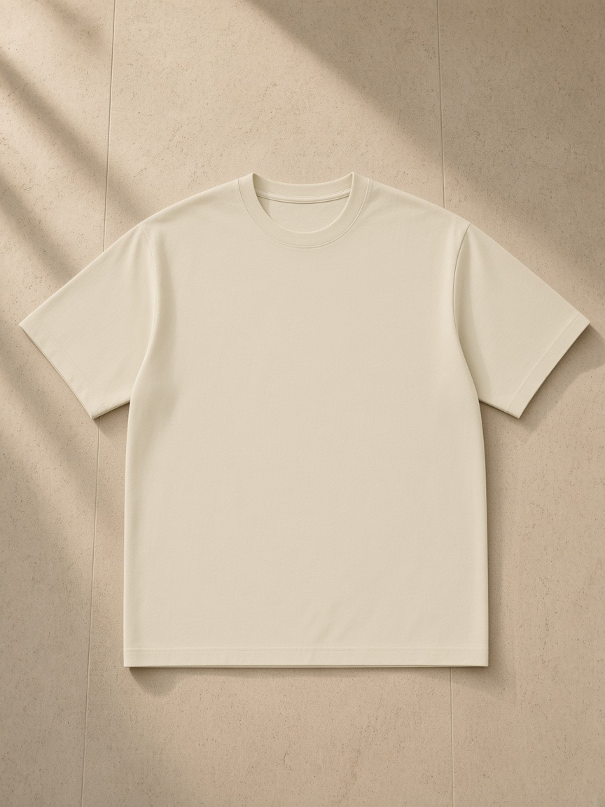 Unisex pure cotton t-shirt in Light Apricot, laid flat on pale limestone