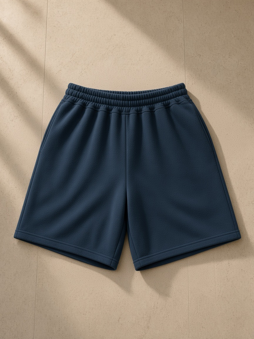 Raw edge fleece shorts in Navy Blue, laid flat on pale limestone