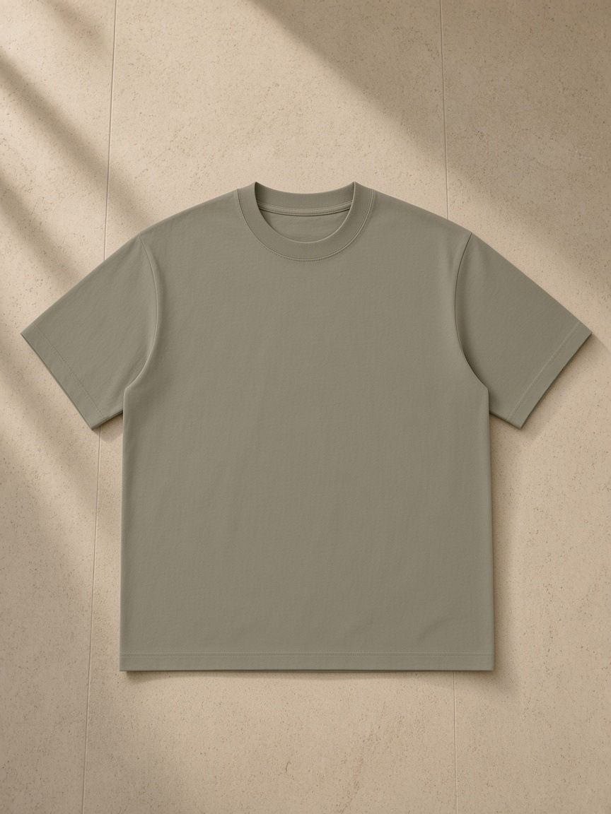 Unisex loose drop shoulder t-shirt in Gray Coffee, laid flat on pale limestone