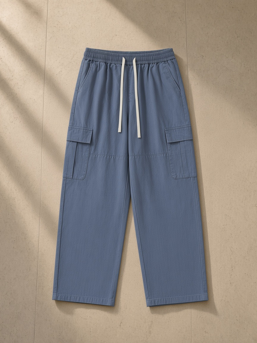 Drawstring waist straight-leg cargo pants in Haze Blue, laid flat on pale limestone