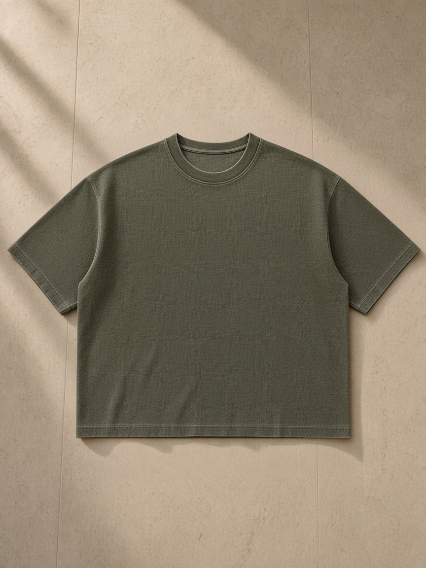 Unisex vintage wash sunfade boxy waffle t-shirt in Army Green, front view on white. Marcel Afters