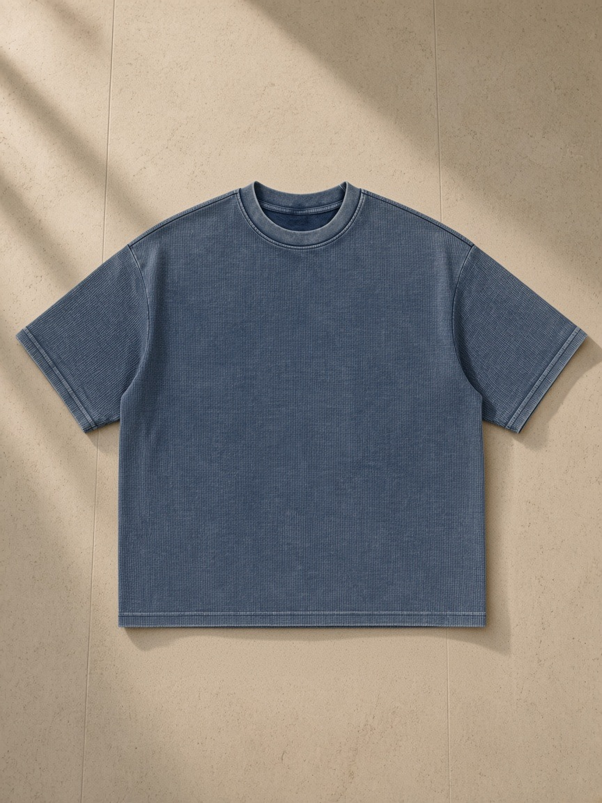 Unisex textured waffle washed boxy t-shirt in Haze Blue, front view on white. Marcel Afters