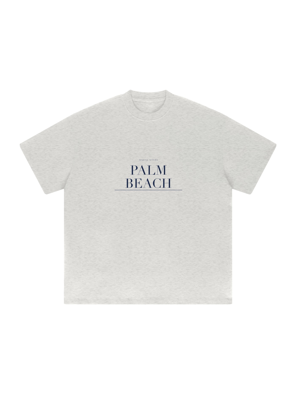 Palm Beach Heavyweight Drop Shoulder T-Shirt by Marcel Afters in Oat Gray, front view with the printed artwork, on white