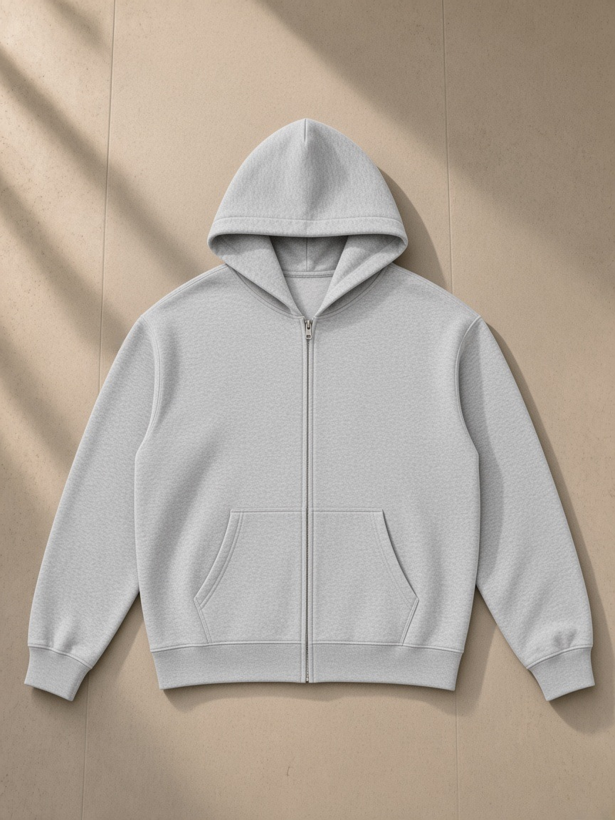 Heavyweight zip-up hoodie in Flower Gray, laid flat on pale limestone
