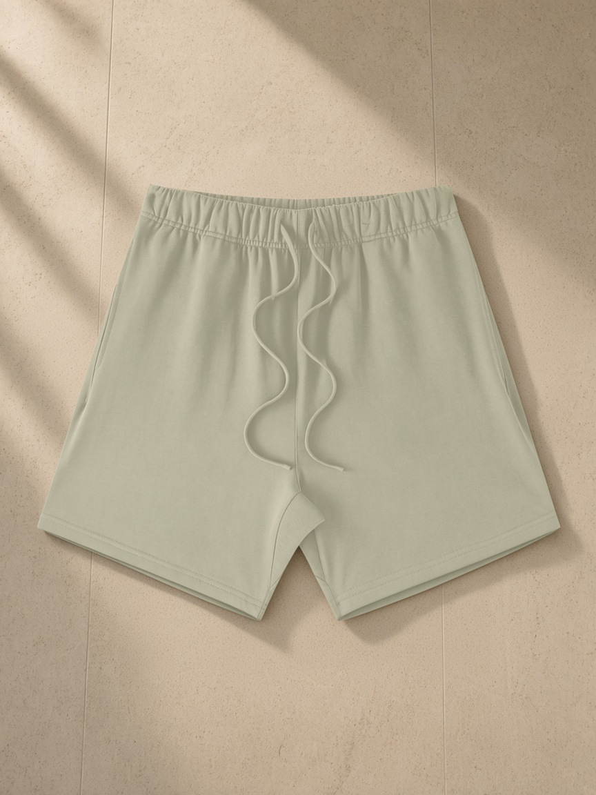 Earth Tone Loose Fit Cotton Shorts in Gray Apricot, laid flat on pale limestone