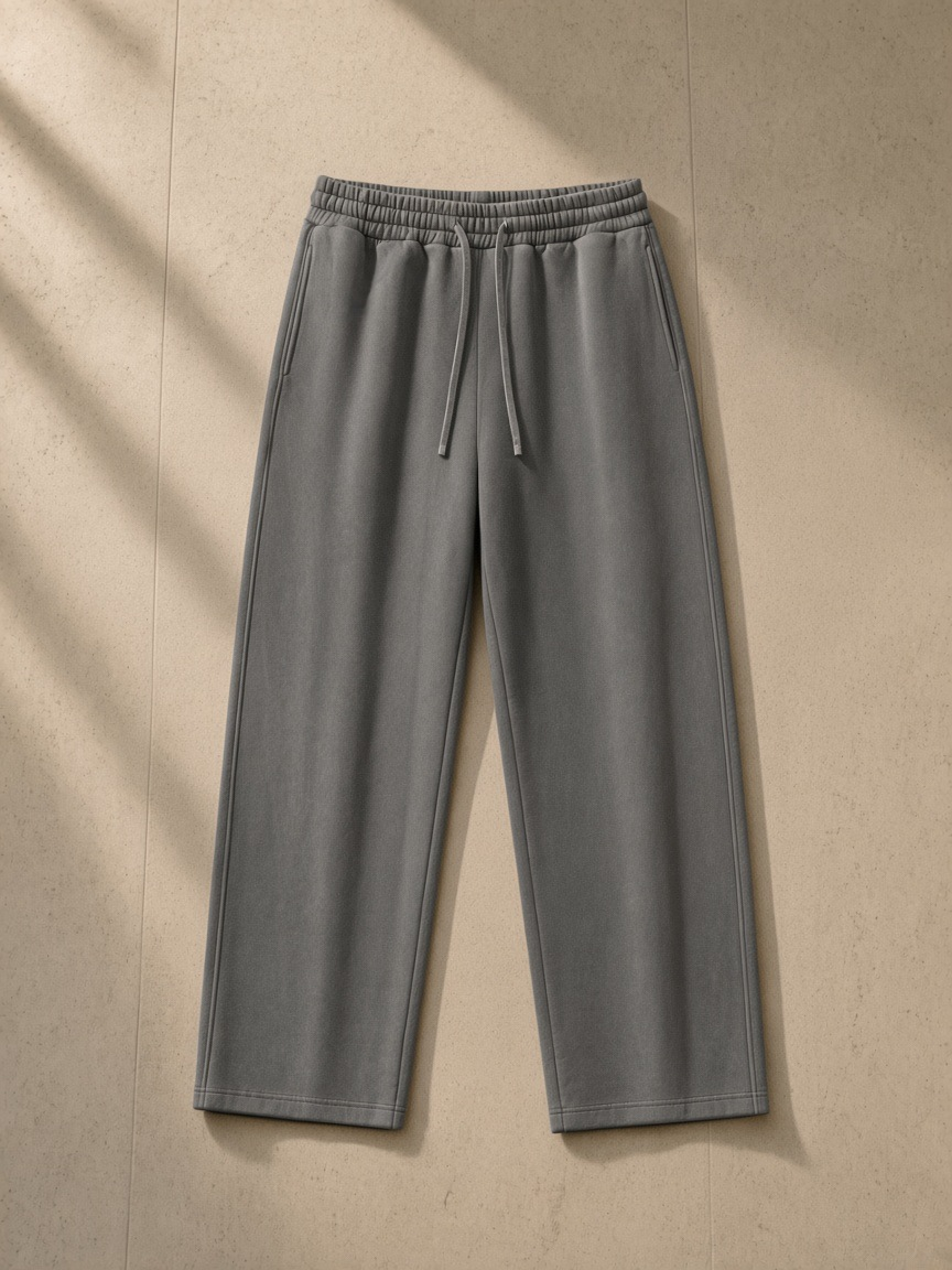 Heavyweight Fleece Sweatpants in Dark Gray, laid flat on pale limestone