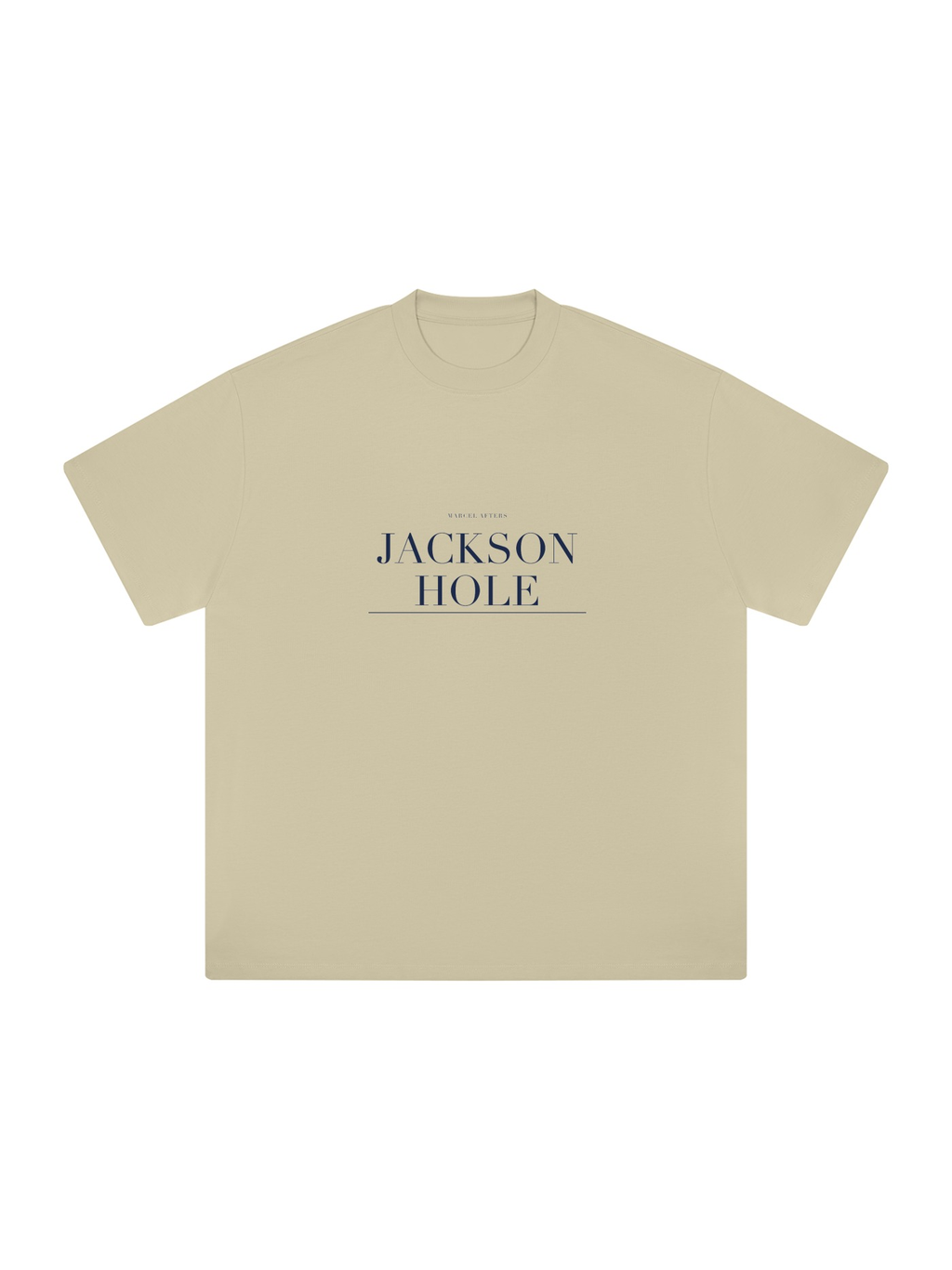 Jackson Hole Heavyweight Drop Shoulder T-Shirt by Marcel Afters in Pale Khaki, front view with the printed artwork, on white