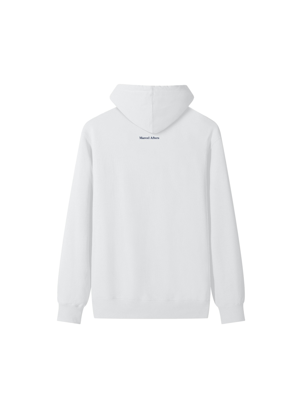 Unisex classic cotton hoodie in Lucent White, back view on white. Marcel Afters