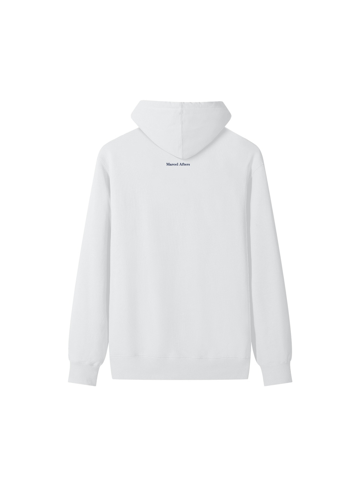 Unisex classic cotton hoodie in Lucent White, back view on white. Marcel Afters