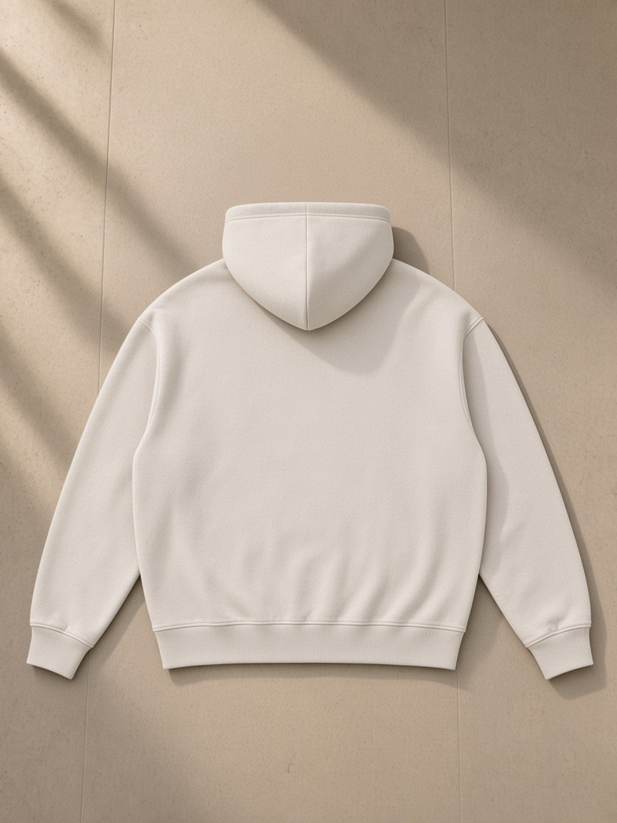 Snow Wash Fleece Oversize Hoodie in Mild Apricot, laid flat on pale limestone, back view