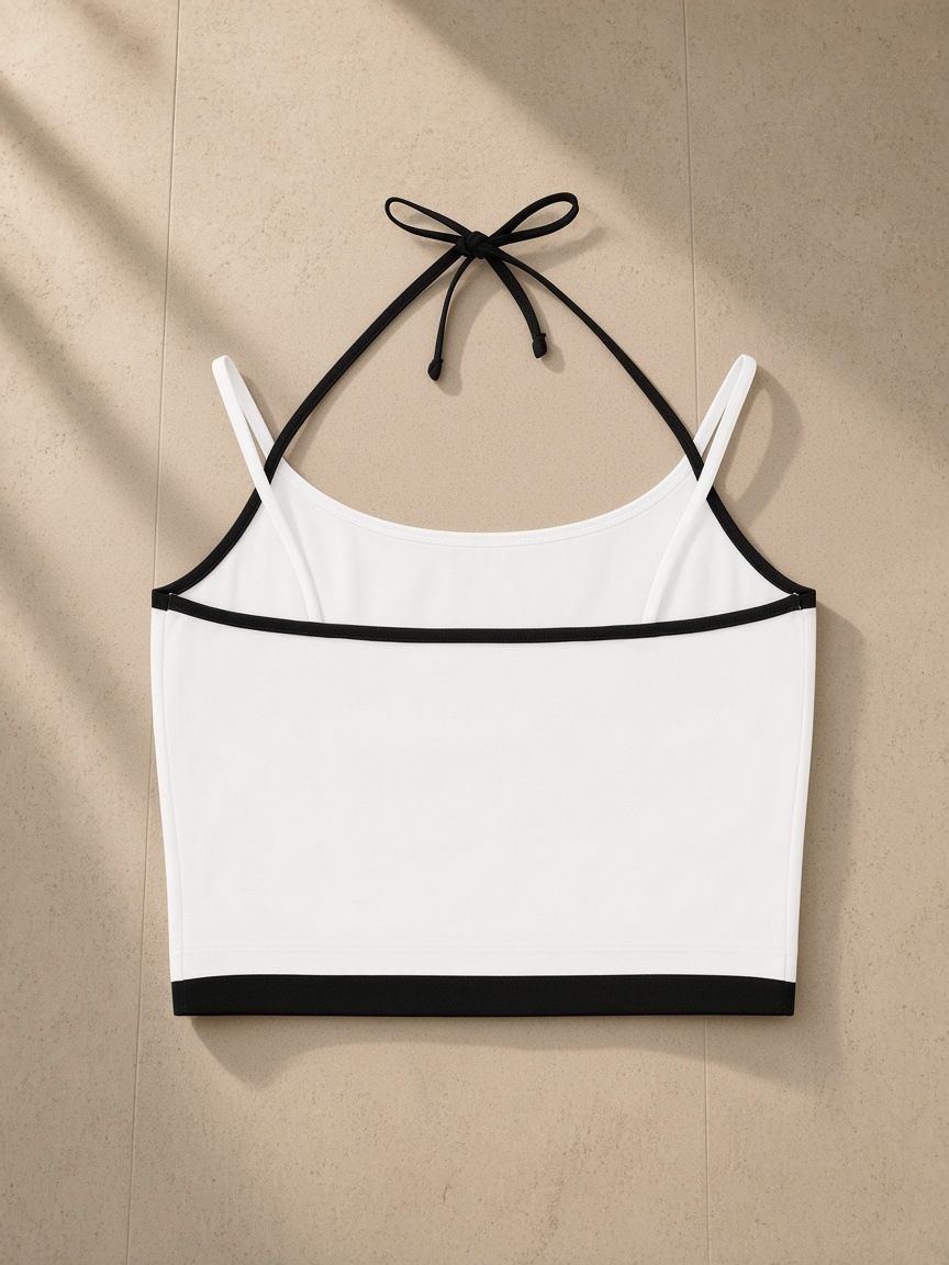 Women's Contrast Binding Halter Top in White, laid flat on pale limestone, back view
