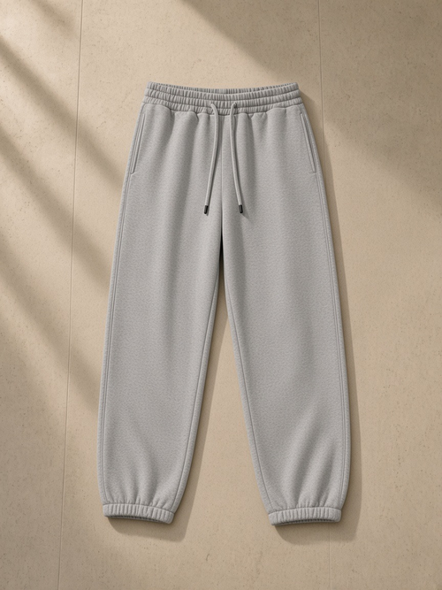 Heavyweight Fleece Joggers in Flower Gray, laid flat on pale limestone