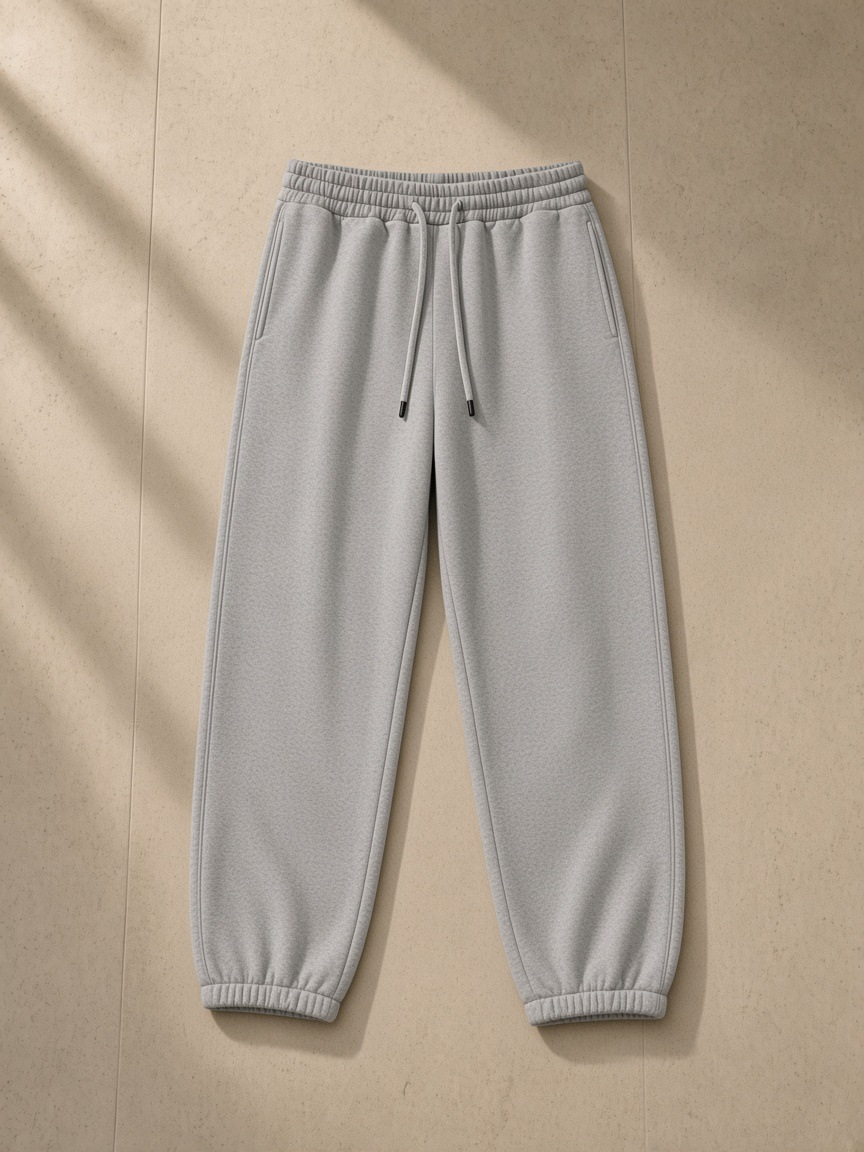 Heavyweight Fleece Joggers in Flower Gray, laid flat on pale limestone