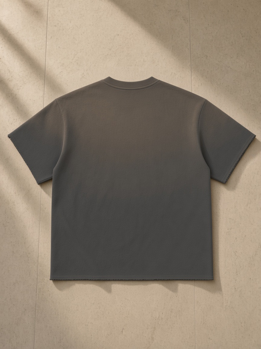 Back of the Dark Gray Men's Sun Fade Raw Edge T-Shirt, laid flat