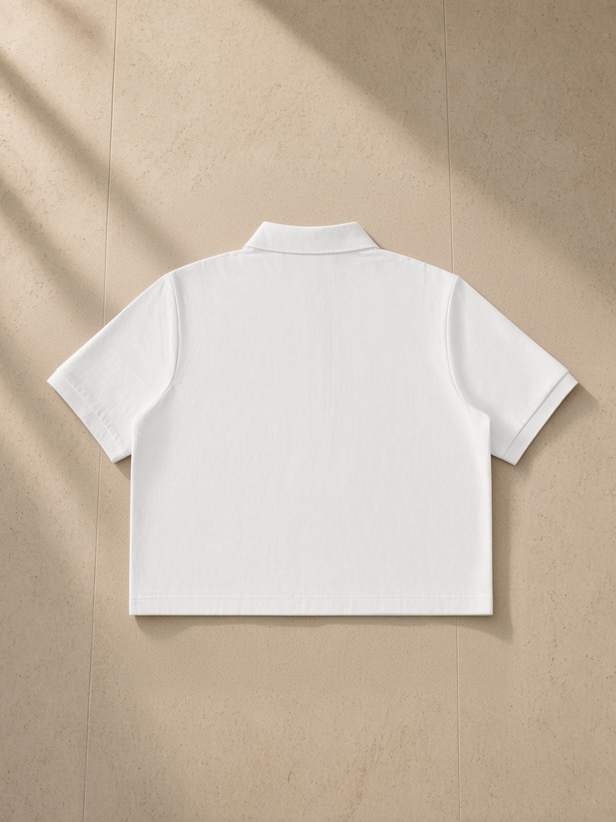 Cropped polo shirt in White, laid flat on pale limestone, back view