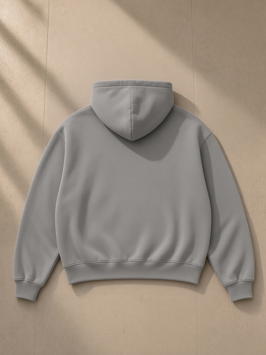 Boxy vintage washed hoodie in Light Gray, laid flat on pale limestone, back view