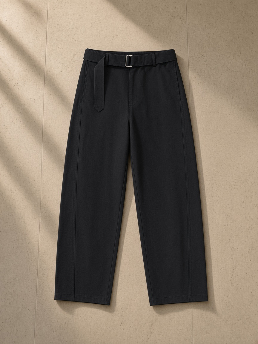 Women's belted barrel-leg chino pants in Black, laid flat on pale limestone