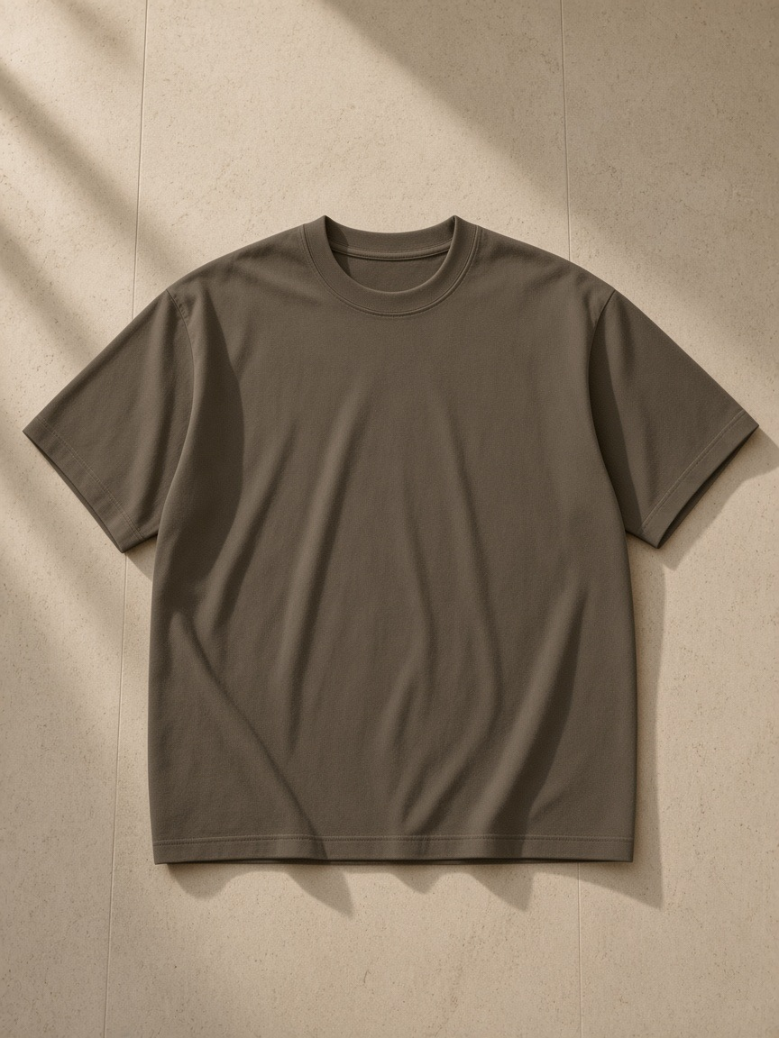 Women's Heavyweight Earth Tone T-Shirt in Brown, laid flat on pale limestone
