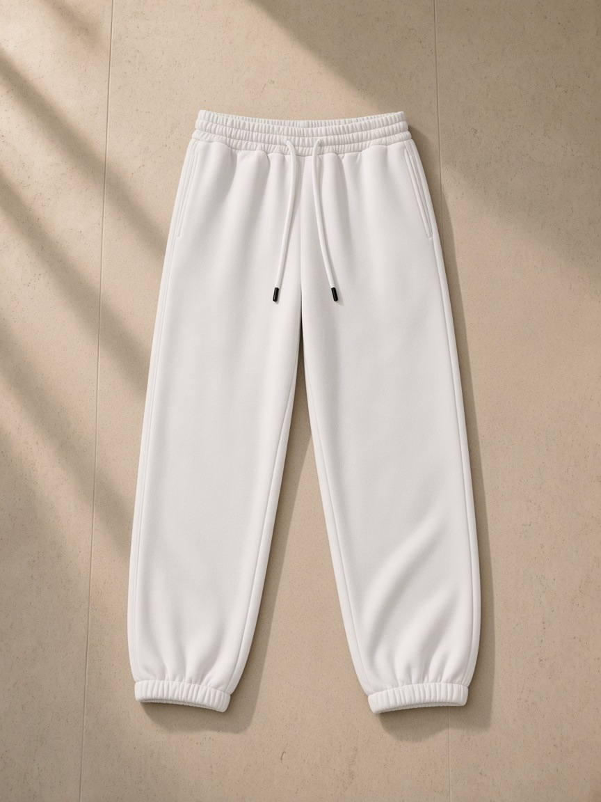Heavyweight Fleece Joggers in White, laid flat on pale limestone