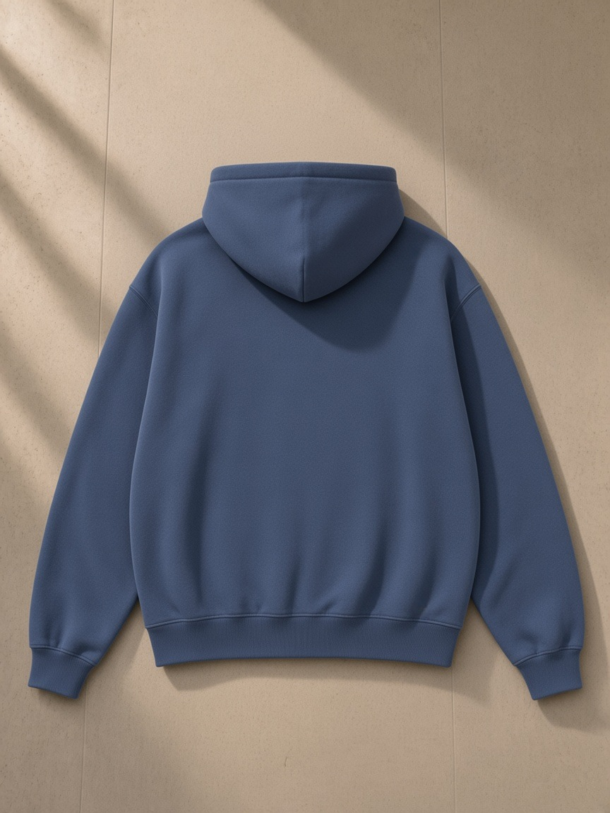 Vintage Wash Boxy Fleece Hoodie in Washed Blue, laid flat on pale limestone, back view