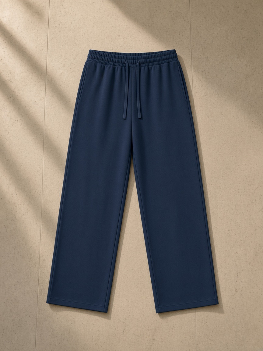 Straight Leg Sweatpants in Navy Blue, laid flat on pale limestone