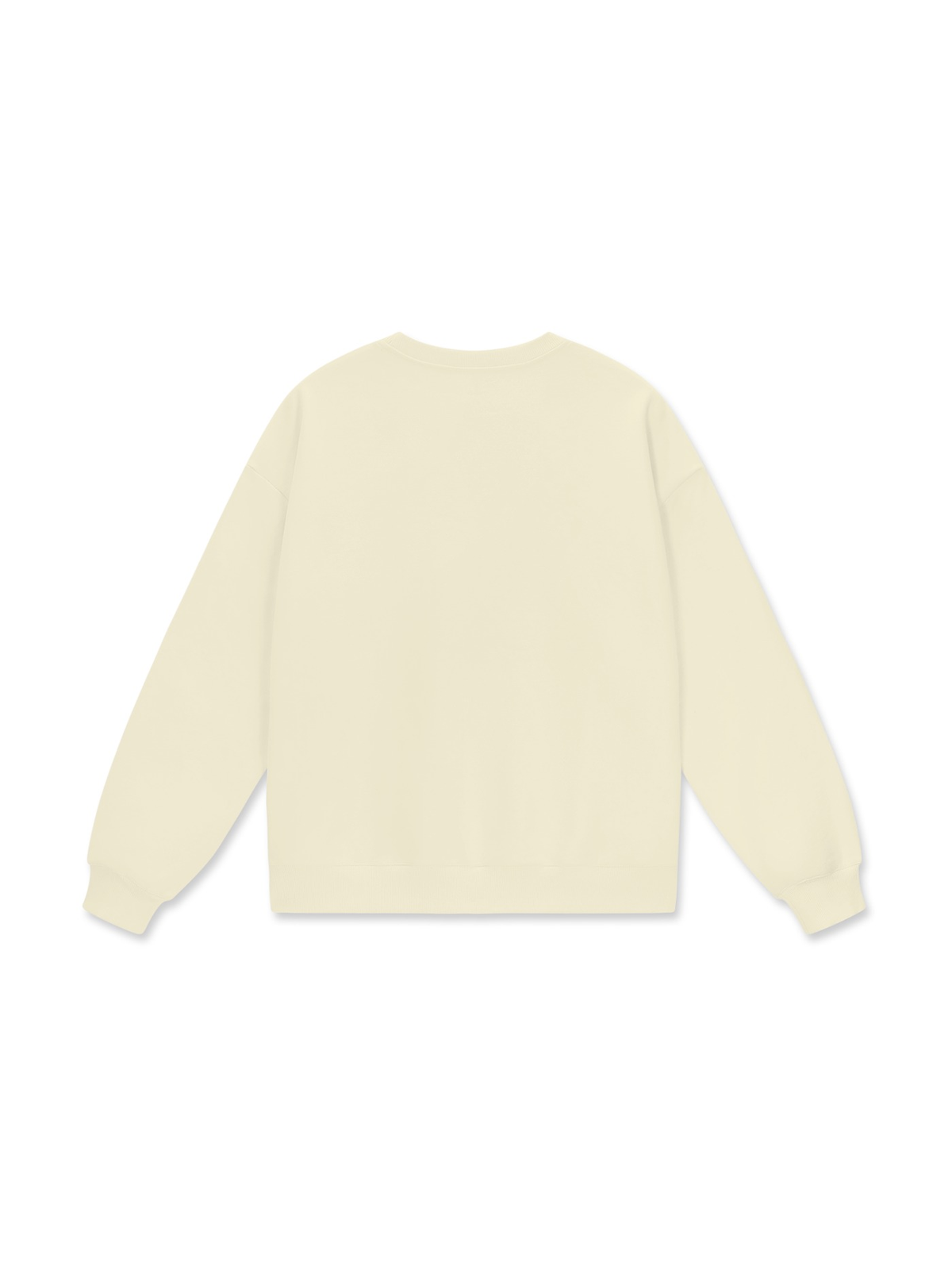Unisex heavyweight drop shoulder sweatshirt in Bone, back view on white. Marcel Afters