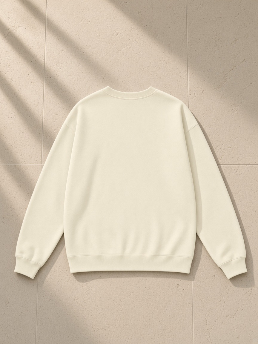 Heavyweight Drop Shoulder Sweatshirt in Bone, laid flat on pale limestone, back.