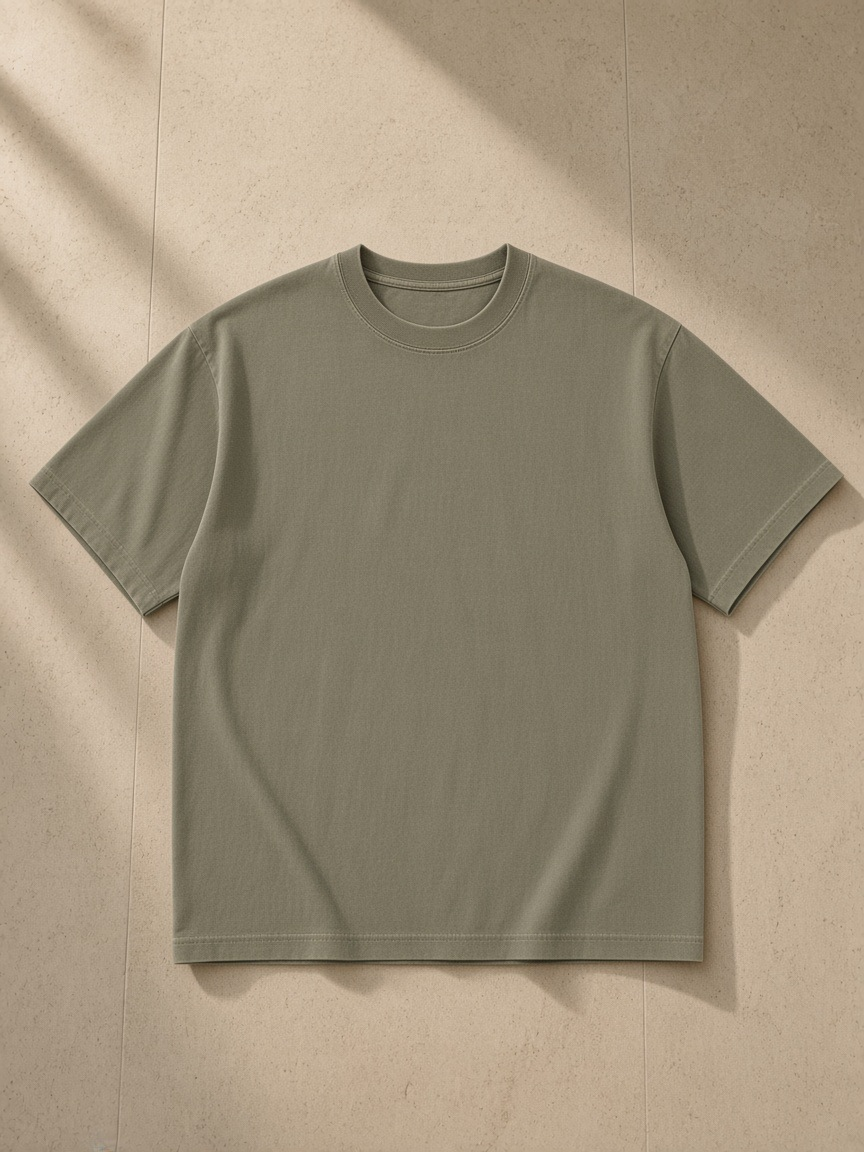 Vintage Washed Oversized Cotton T-Shirt in Army Green, laid flat on pale limestone