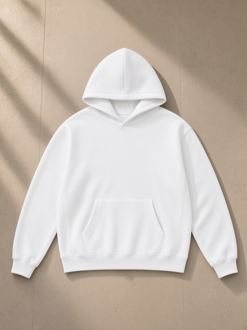 Oversize heavyweight fleece hoodie in Lucent White, laid flat on pale limestone