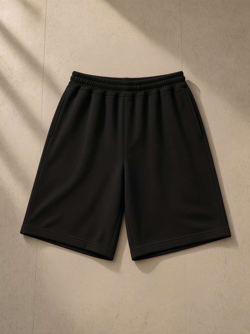 Unisex heavyweight shorts in Black, laid flat on pale limestone