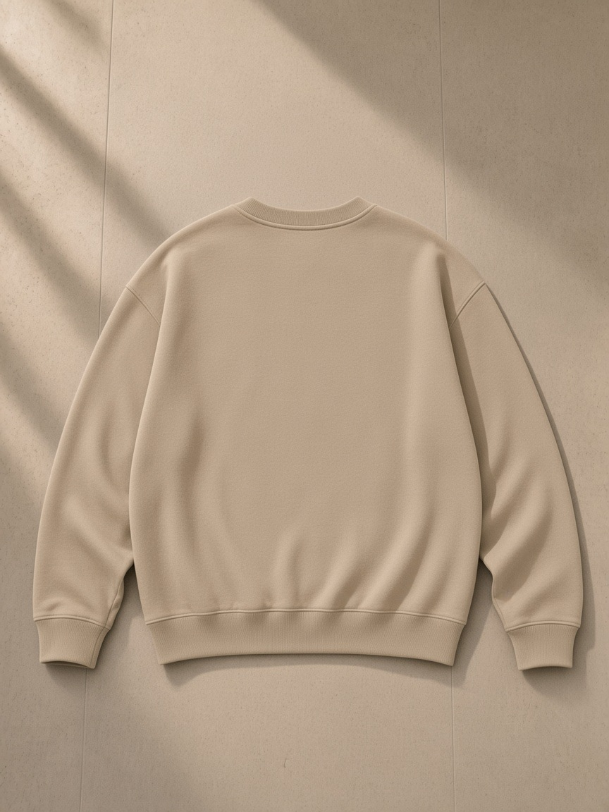 Unisex oversized v-neck sweatshirt in Khaki, laid flat on pale limestone, back view