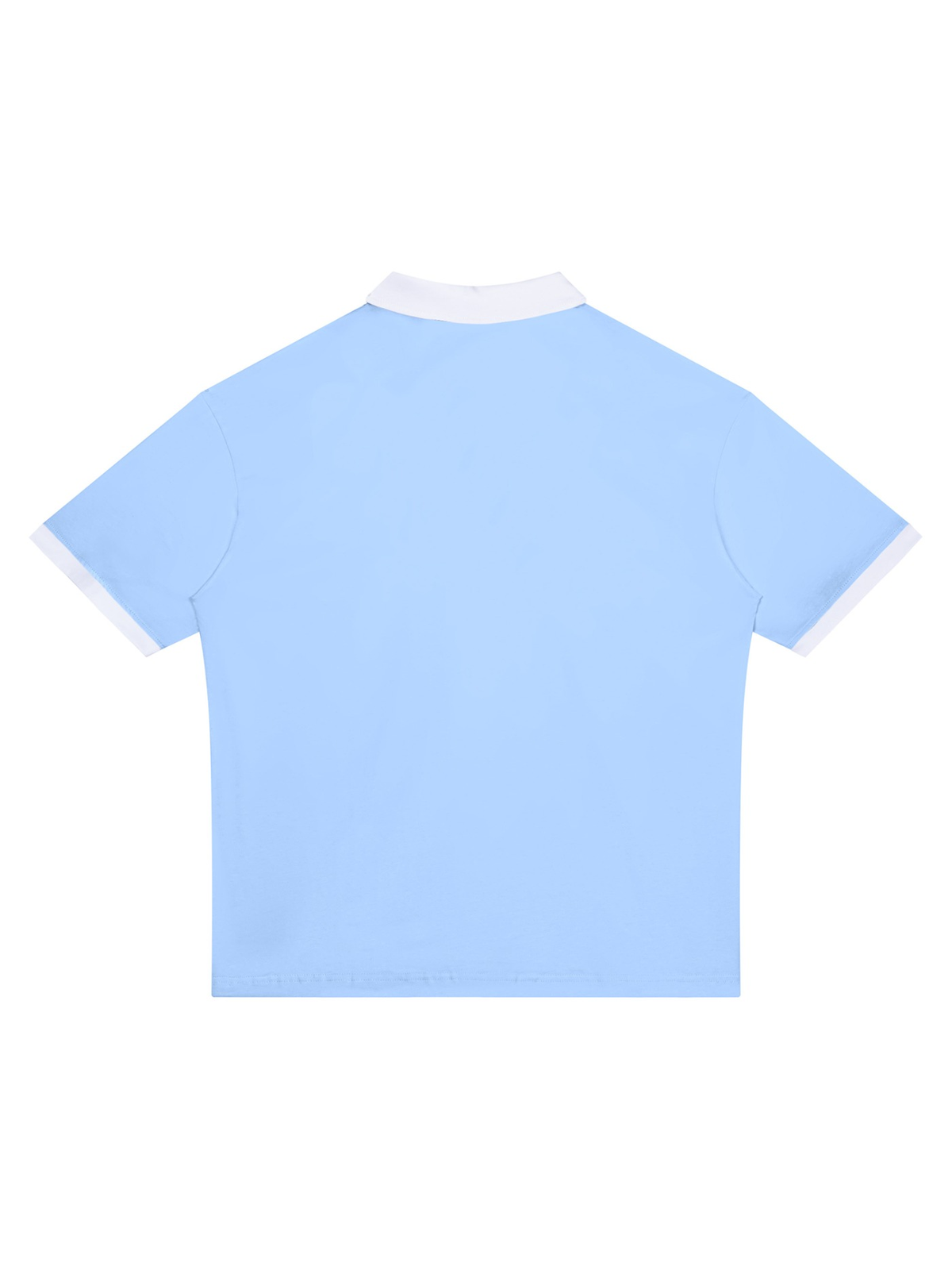 Unisex color block polo shirt in Light Blue with White, back view on white. Marcel Afters